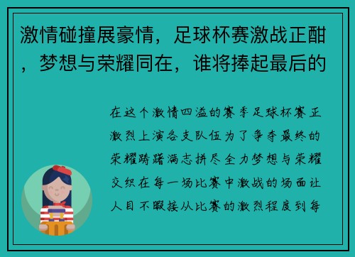 激情碰撞展豪情，足球杯赛激战正酣，梦想与荣耀同在，谁将捧起最后的奖杯