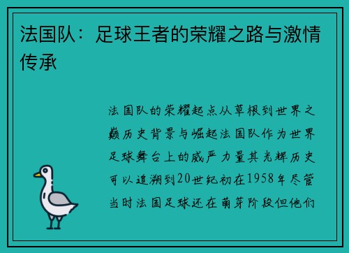 法国队：足球王者的荣耀之路与激情传承