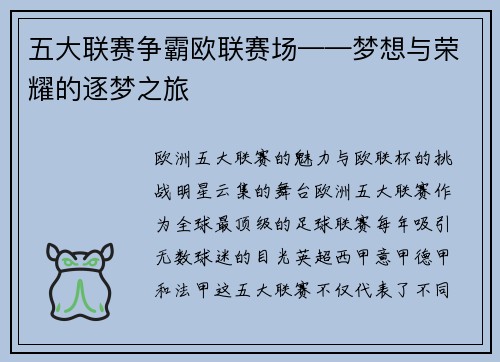 五大联赛争霸欧联赛场——梦想与荣耀的逐梦之旅